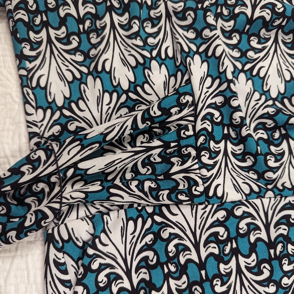 Wrap Dress (Faux) Stretch Elbow Sleeve Print Blue/Green Pullover M - Picture 13 of 14